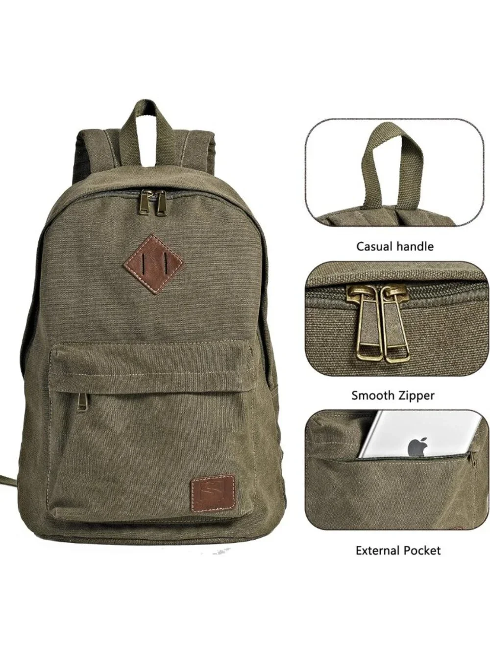 Durable Canvas College Rucksack Laptop Backpack for Travel & School - Military